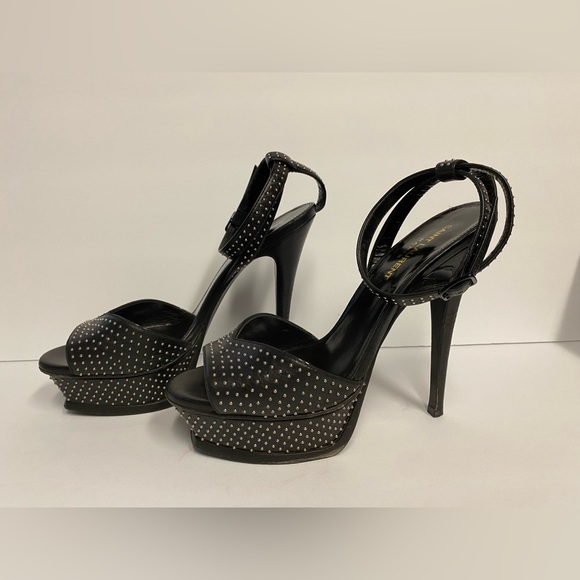 YSL Saint Laurent ankle strap studded sandals heels leather black 37.5 - Picture 2 of 11